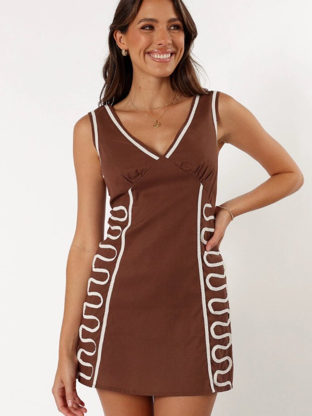 Petal & Pup Alexa Linen Cotton Mini V Neck Sheath Embroidered Dress in Brown, S